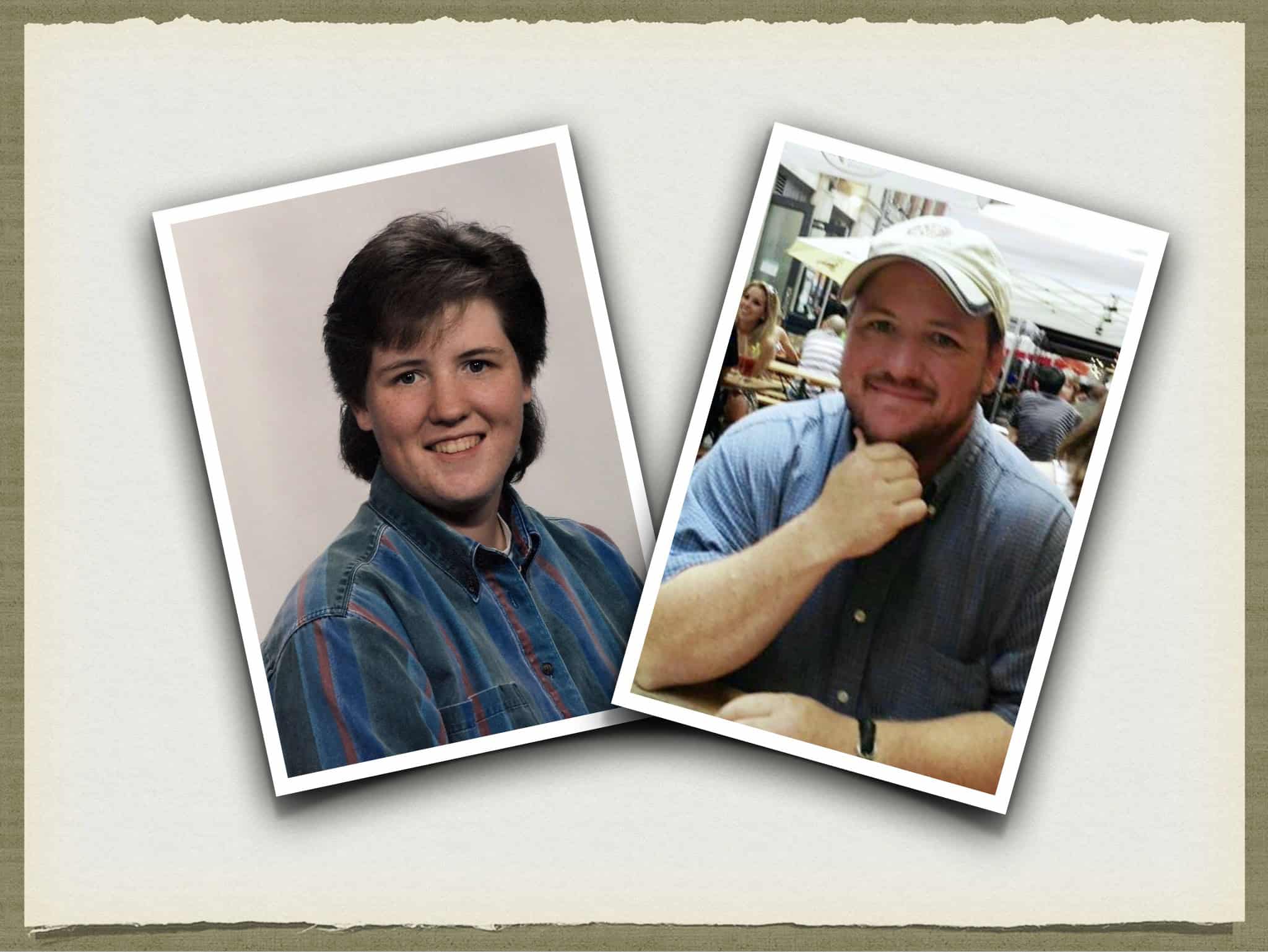 Brenda Walsh (L) smiles at the camera with a dark rown mullet and a striped button down shirt. Brent Walsh (R) smiles at the camera with a white baseball cap, facial hair, and a blue button-down shirt. 