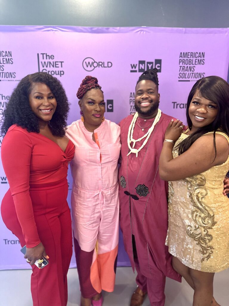 Breonna McCree, Imara Jones, Oluchi Omeoga, and Kayla Gore on the step and repeat at TransLash's Juneteenth American Problems, Trans Solution  screening event at WYNC's The Greene Space.