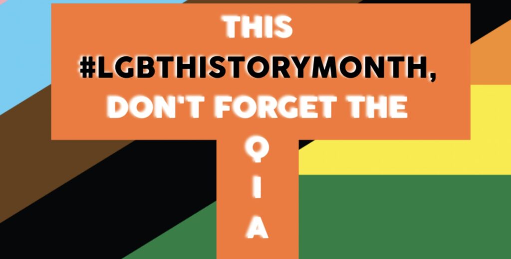 A graphic showing the message "This #LGBTHistoryMonth, don't forget the Q, I, A +" on a background with stripes in various colors.