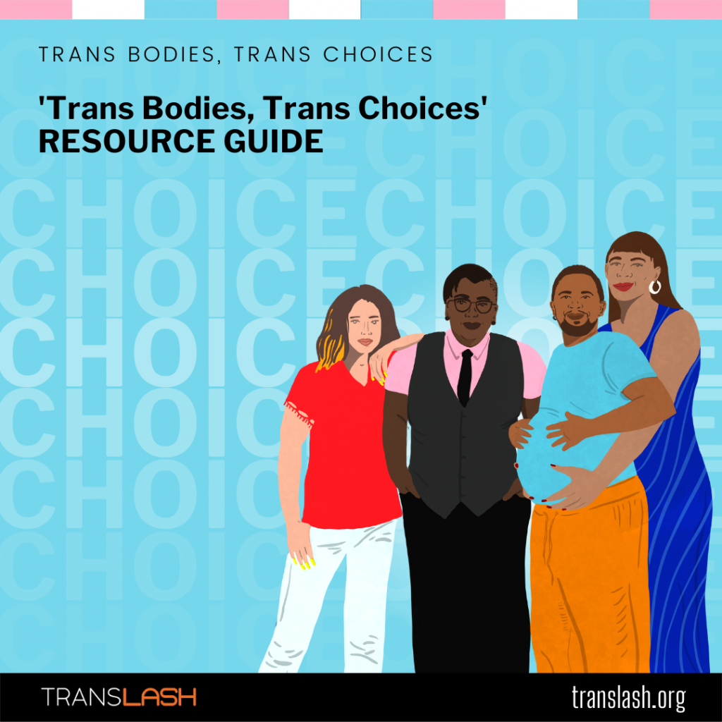 On a blue background, illustrated people pose. Text at the top says "TRANS BODIES, TRANS CHOICES" and 'Trans Bodies, Trans Choices' RESOURCE GUIDE 