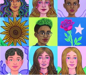 A collage of Noah Grini's portraits featuring trans kids in vibrant scenes along with flowers and stars.