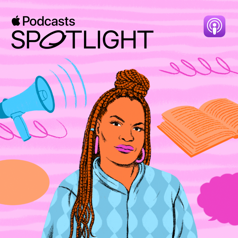 Illustrated Portrait of Imara Jones, a black trans woman, staring confidently forward. She is wearing bright lipstick, braids in a top knot and a patterned zip-up. Behing her are a megaphone, book and speech bubbles. The text states "Apple Podcasts Spotlight"