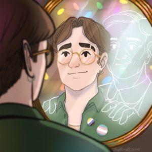 In this digital illustration, McDunnah faces a mirror wearing a green shirt and Marcia's transparent spirit has her hand on their shoulder. There are holiday lights in the background.