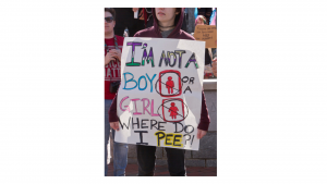 Asheville, North Carolina, USA - April 2, 2016: Close up of a sign about bathroom use at a HB2 protest rally of the new NC law which denies rights to those who are gay or transgender on April 2, 2016 in downtown Asheville, NC