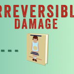 Anti-trans book "Irreversible Damage," in large red all caps font, a depiction of Abigail Shrier's book cover, on a mint green background