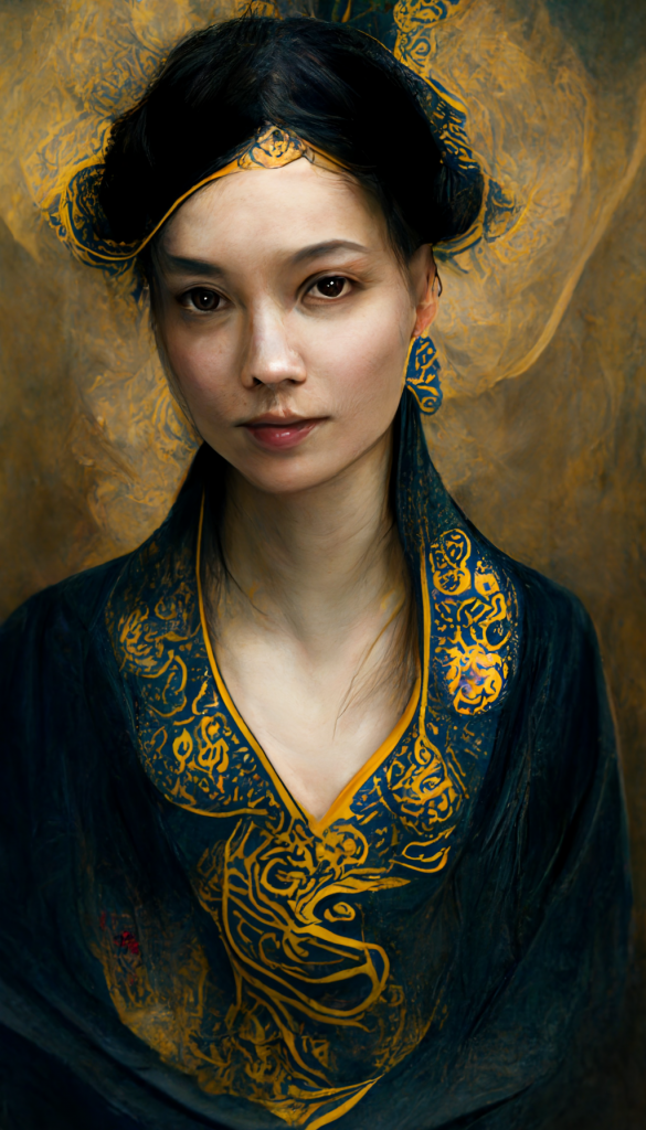 A fair skinned woman with her ahir in a wispy updo adn a blue and gold robe looks directly at the camera. 