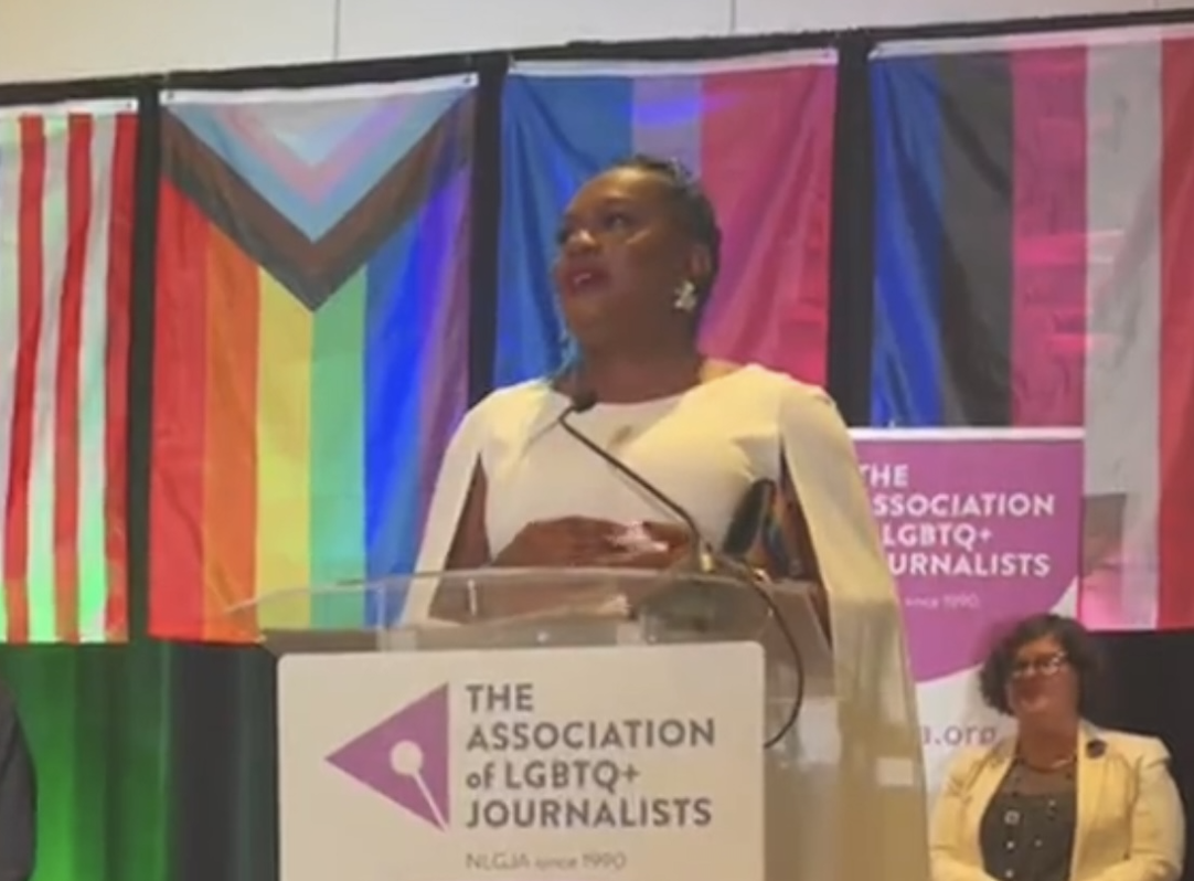TransLash Media founder & CEO Imara Jones receives 2023 Lisa Ben Award at NLGJA: The Association of LGBTQ+ Journalists Convention.