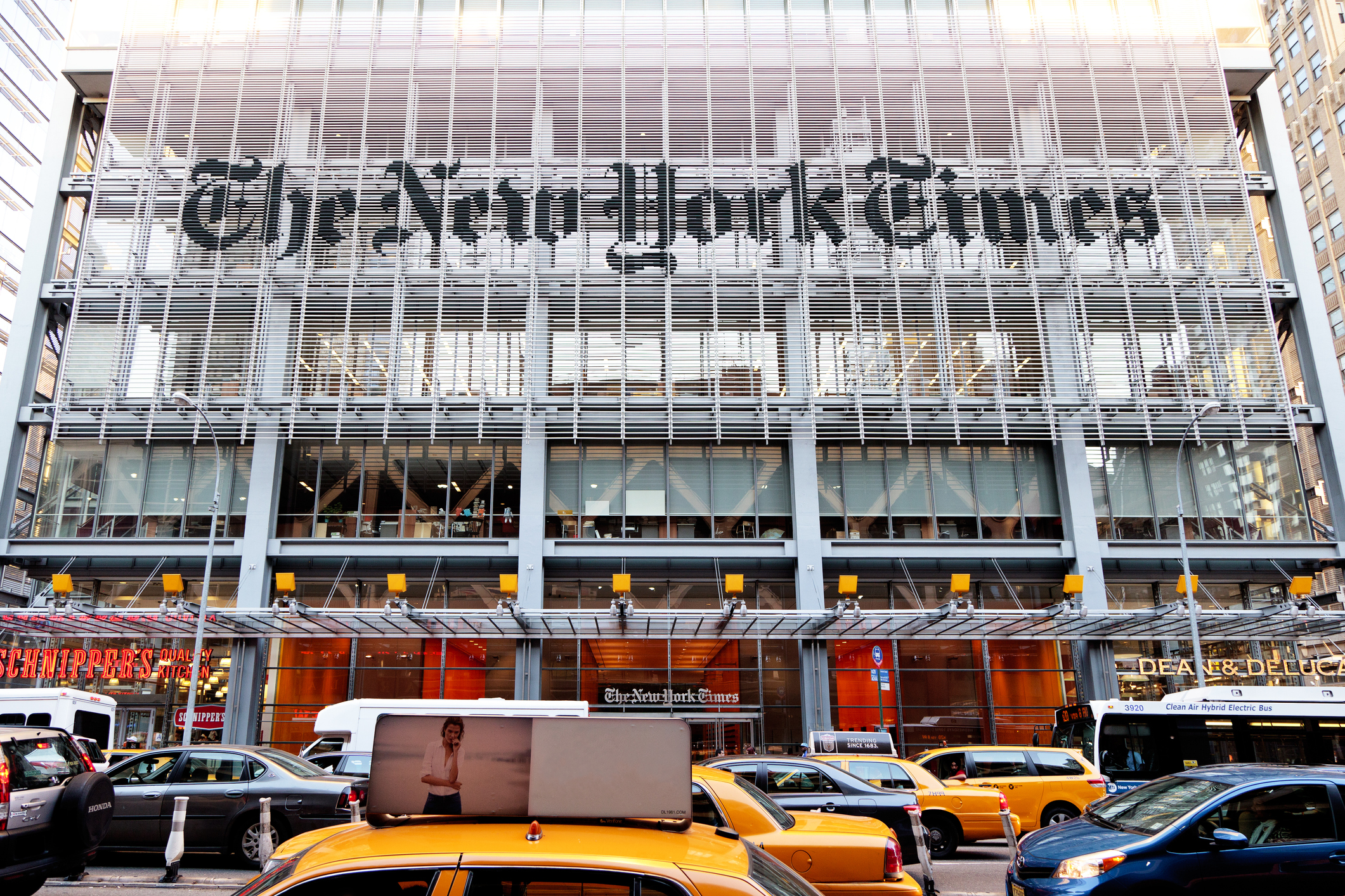 New York, USA - June 7, 2014: Facade of The New York Times headquarters building on 8th Ave. in Midtown Manhattan. Photo credit: mizoula