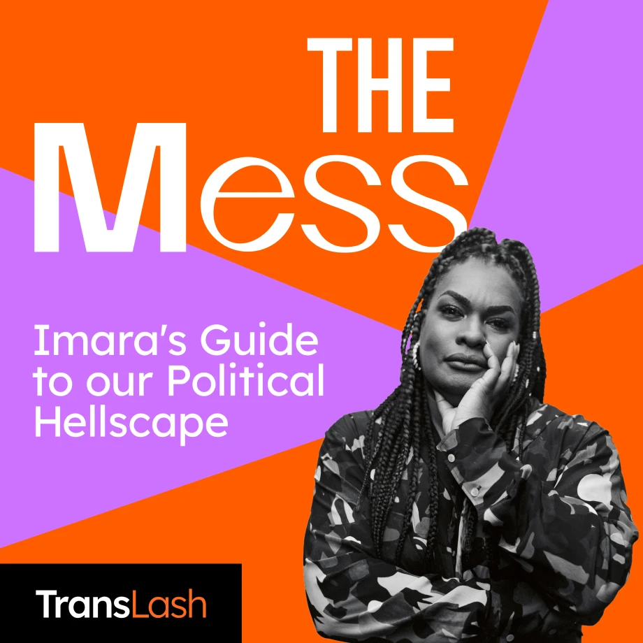 Achromatic portrait of Imara Jones, a black trans woman, looking confidently at the camera. She is wearing long braids and a patterned button-up shirt. There are graphical rays behind her. The text states "The Mess, Imara's Guide to our Political Hellscape" and the TransLash wordmark.