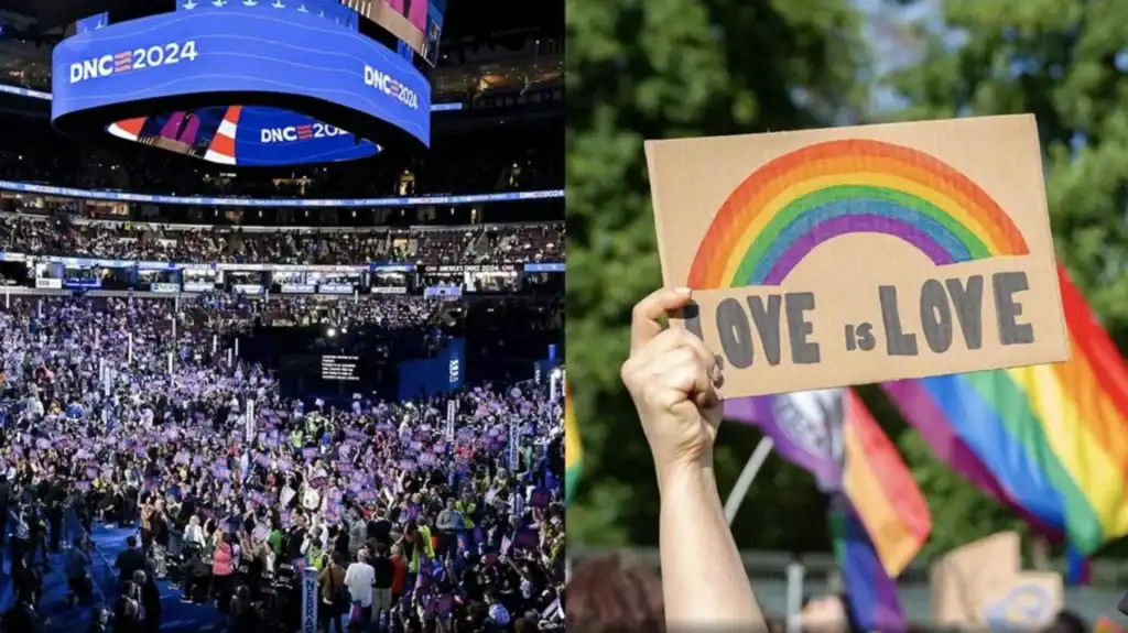 A bird's eye view of the DNC convention with throusands of people celebrating, and an image of a person holding a sign that says "Love is Love"