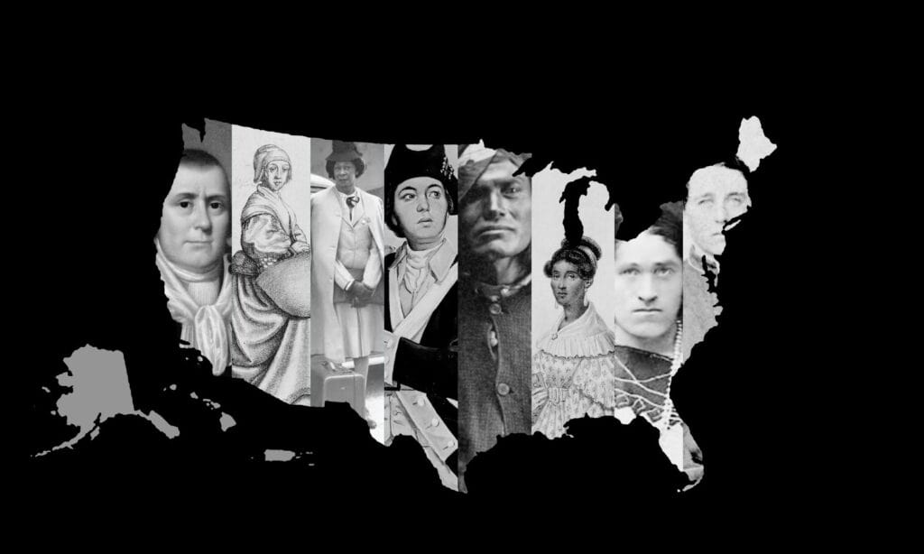 Black and white map of United States with images from early gender nonconforming individuals