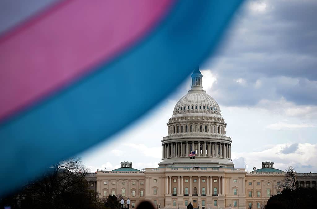A trans Pride flag (colors: white, pastel blue, pastel pink) waves in the wind in the lefthand corner of a photo of the U.S. Capitol building