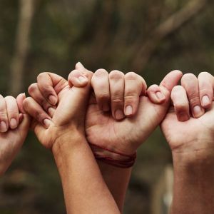 Cropped shot of a group of people linking fingers out in nature. Only their hands are shown.