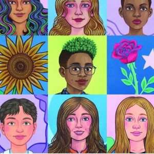 A collage of Noah Grini's portraits featuring trans kids in vibrant scenes along with flowers and stars.