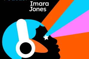Graphical modern illustration of a femme black person with headphones, with their head held up high, and light shining out of their eyes. The text states "TransLash Podcast with Imara Jones"