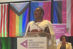 TransLash Media founder & CEO Imara Jones receives 2023 Lisa Ben Award at NLGJA: The Association of LGBTQ+ Journalists Convention.