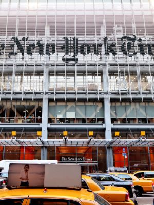 New York, USA - June 7, 2014: Facade of The New York Times headquarters building on 8th Ave. in Midtown Manhattan. Photo credit: mizoula